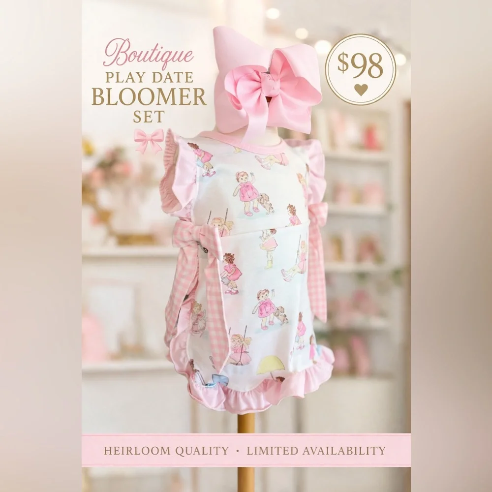 Luxury Pink Gingham Side Tie Bloomer Set Romper Playful Doll Print Play Date
